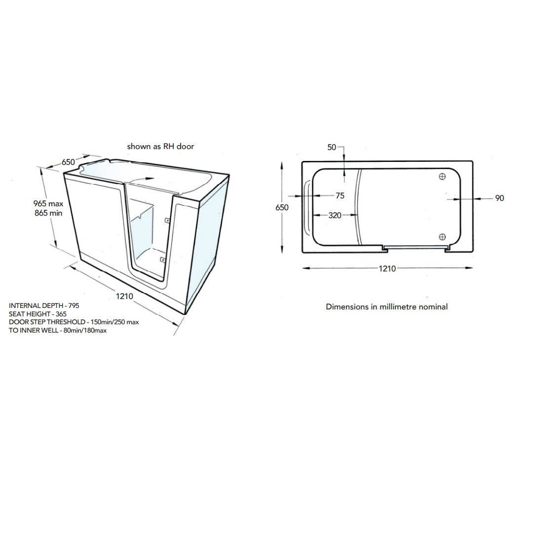 Trojan Bathe Easy Comfort Walk In Bath 1210 x 650 Left Hand