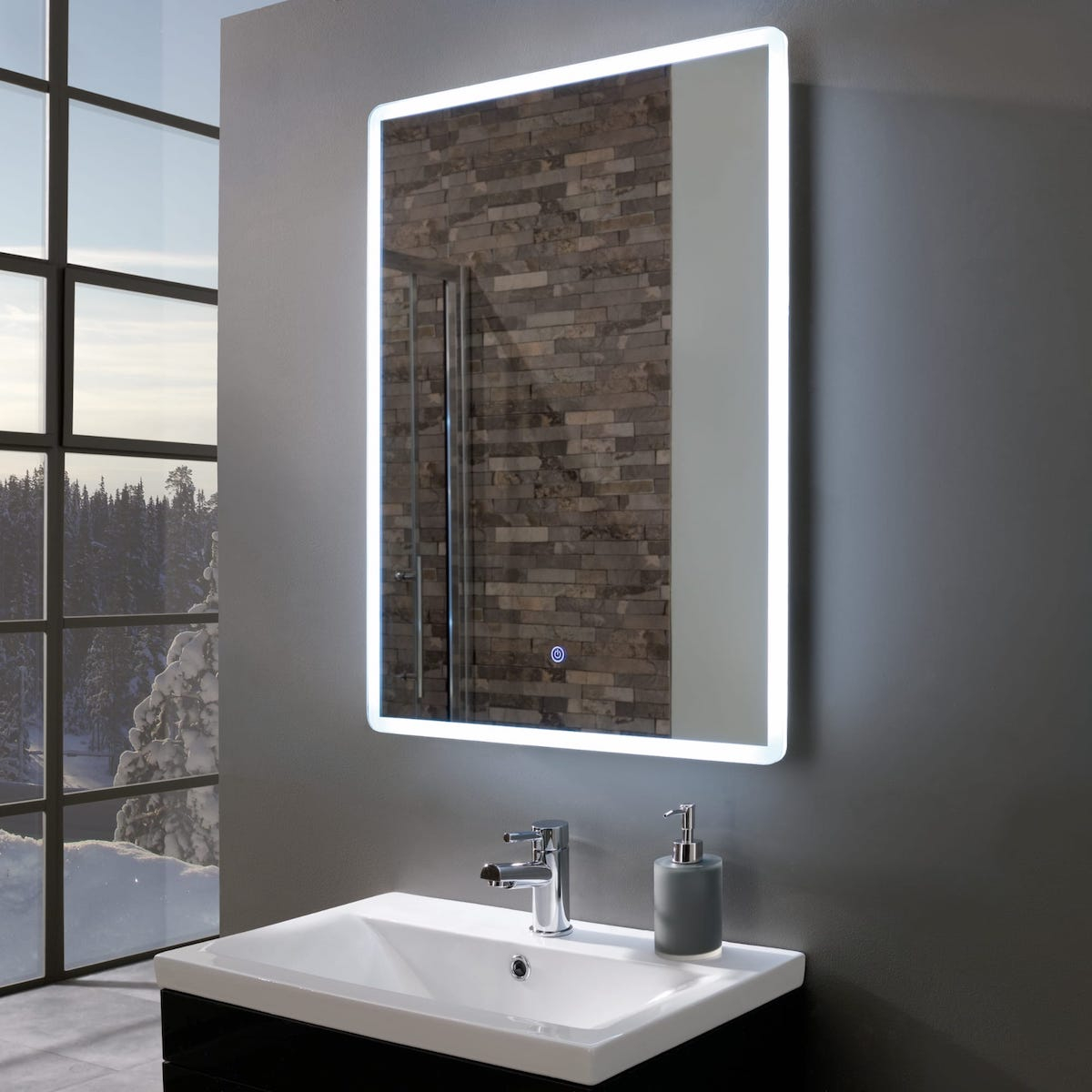 lit bathroom mirror with shaver socket